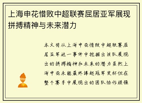 上海申花惜败中超联赛屈居亚军展现拼搏精神与未来潜力